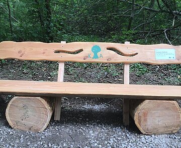 Das Bild zeigt eine Holzbank am Waldweg.