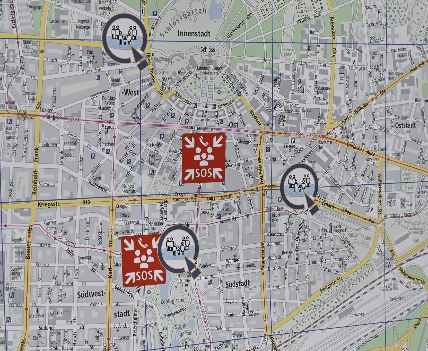 Eine Karte zeigt die Notfalltreffpunkte im Stadtgebiet.