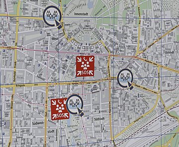 Eine Karte zeigt die Notfalltreffpunkte im Stadtgebiet.