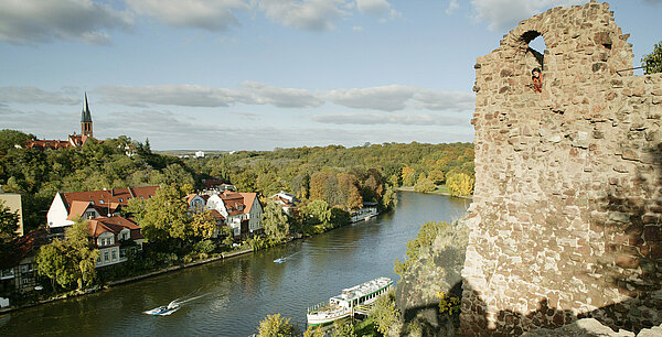 Blick von der Burg Giebichenstein auf die Saale in Halle