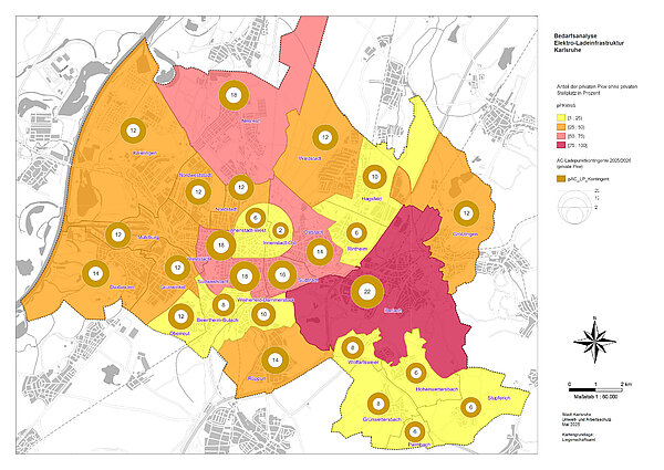 Minimale und maximale Anzahl privater Pkw ohne privaten Stellplatz je Stadtteil, Anzahl Ladepunkt-Kontingente (Quelle: Eigene Darstellung. Daten: Stadt Karlsruhe und goingelectric.de)