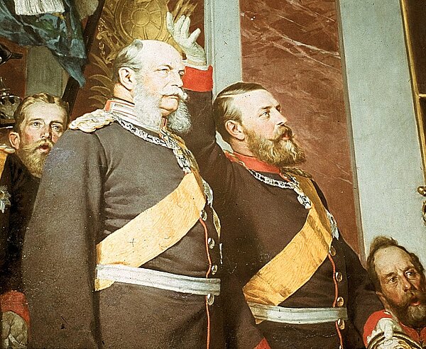 Großherzog Friedrich (r.) neben Wilhelm I. in der zweiten Fassung des Gemäldes „Die Proklamierung des Deutschen Kaiserreiches“ (1882) , dargestellt durchHistorienmaler Anton von Werner.