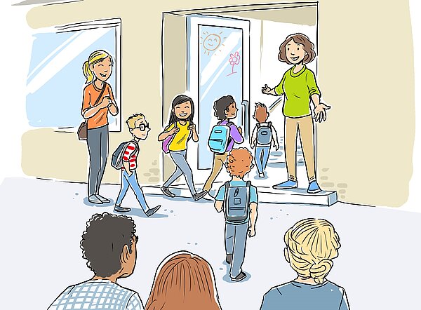 Zeichnung von Schulkinden, die am Eingang der Schule von ihrer Lehrerin erwartet werden.(Zeichnung)