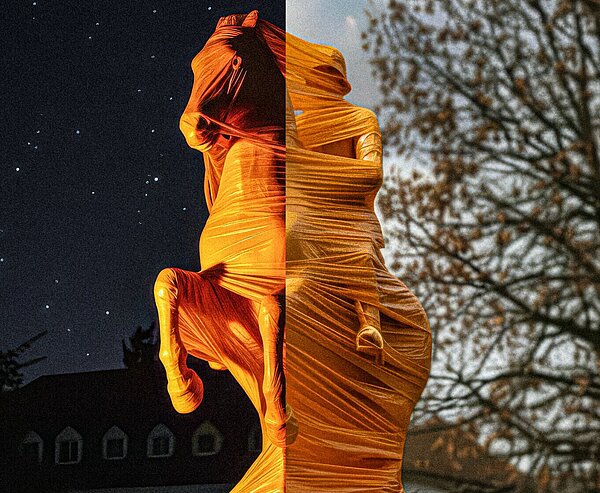 Eine für die "Orange Days" verpackte Skulptur.