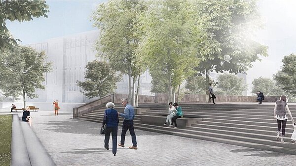 Visualisierung des Bernhardusplatzes, Blick in Richtung Kirchentreppe von St. Bernhard