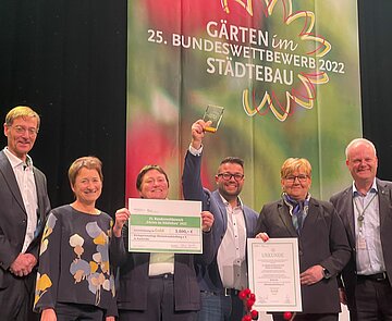 Bürgermeisterin Bettina Lisbach (2.v.l.) nahm gemeinsam mit Vertreterinnen und Vertretern von "Rheinstrandsiedlung e.V." und des Gartenbauamts an der Preisverleihung teil. 