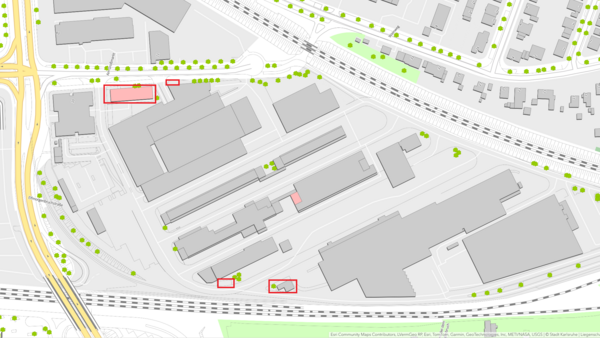 Karte mit markierten Ameisenbefällen im Gebiet Rintheim auf dem Gelände des Großmarktes