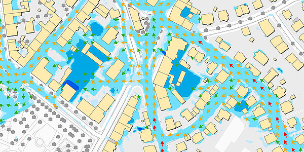 Darstellung der zu erwartende Fließrichtungen und Geschwindigkeiten des Wassers in den Starkregengefahrenkarten.