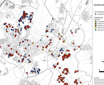 Die Grafik zeigt Geothermiestandorte in Karlsruhe.