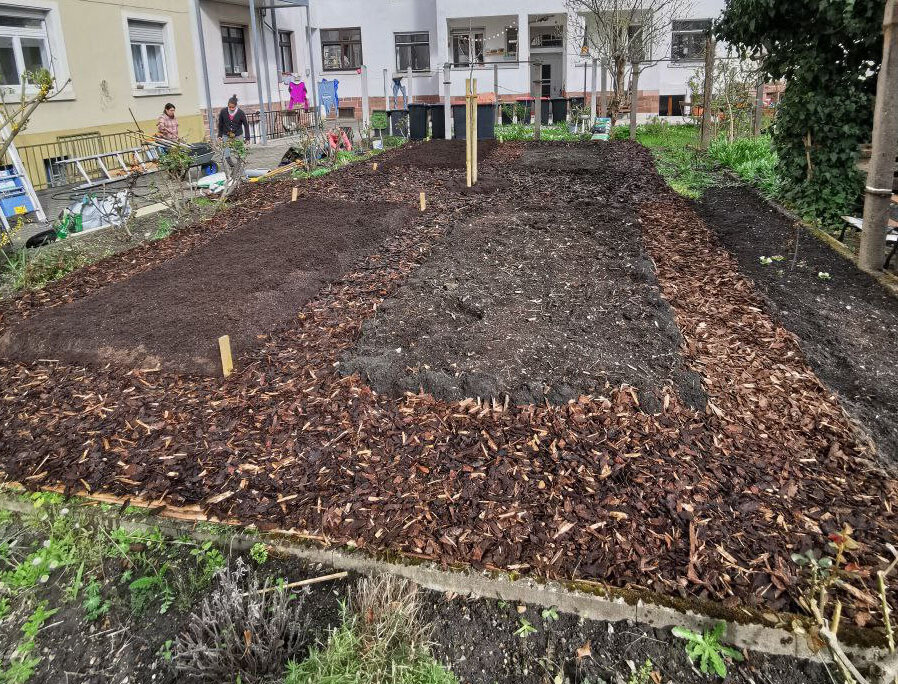 Vier Gartenbeete mit frisch auferlegter Erde und Rindenmulch drumherum.