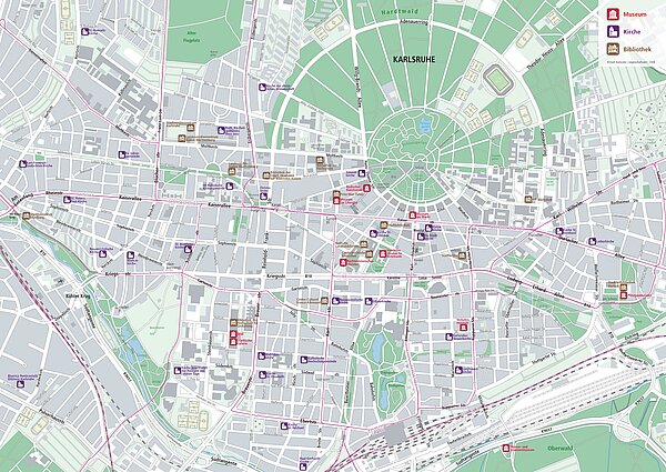 Kartenausschnitt von Karlsruhe mit kühlen Orten