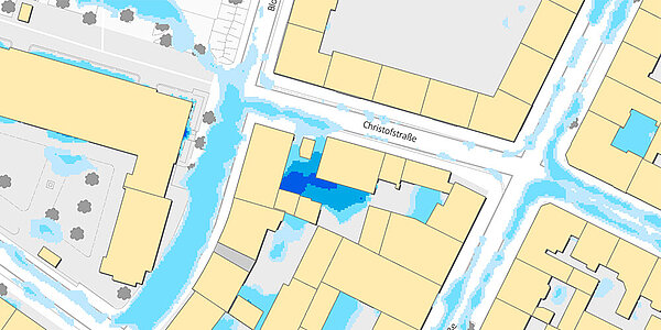 Starkregengefahrenkarte – Zu erwartende Wassertiefe.