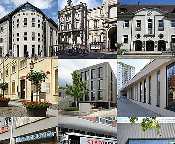Bildcollage der verschiedenen Bibliotheksgebäude in Karlsruhe
