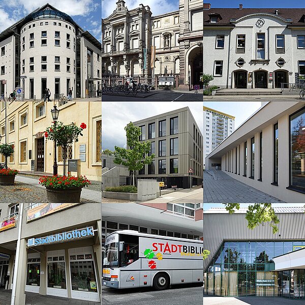 Bildcollage der verschiedenen Bibliotheksgebäude in Karlsruhe