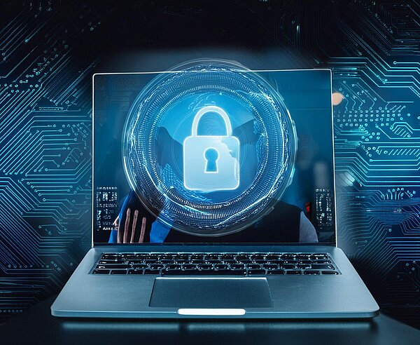 Dieses Bild zeigt einen Laptop mit Sicherheitsschloss im Display