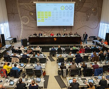 Gemeinderatsfraktionen und Bürgermeisterbank während der Gemeinderatssizung