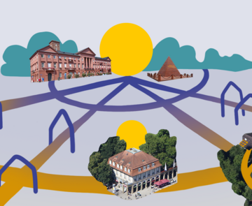 Collage-Grafik fächerförmige Straßen, Energieberg, Häuser mit PV-Anlagen