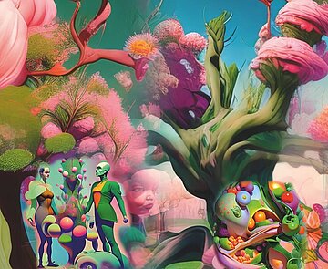 Abstrakt buntes Rendering mit floralen und organischen Formen