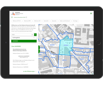 Abbildung der Benutzeroberfläche der Web App "Bodenrichtwerte-Auskunft Karlsruhe"