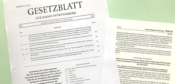 Zwei Dokumente (nur im Anschnitt sichtbar) auf grünem Grund: Gesetzesblatt für Baden-Württemberg und Soziale Pflegeversicherung SBG XI 