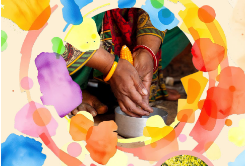 Im Kreis in der Mitte sind arbeitende Hände zu sehen, die Mais entkernen. Eingerahmt ist der Kreis von Farben und weiteren kleinen Kreisen mit Kleinbauern bei der Arbeit