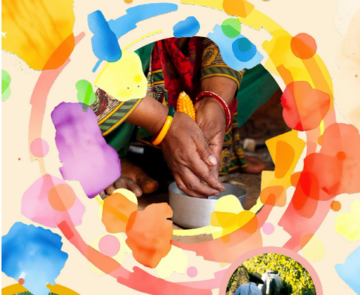 Im Kreis in der Mitte sind arbeitende Hände zu sehen, die Mais entkernen. Eingerahmt ist der Kreis von Farben und weiteren kleinen Kreisen mit Kleinbauern bei der Arbeit