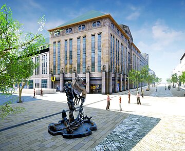 Visualisierung der zukünftigen Kaiserstraße mit Bäumen.