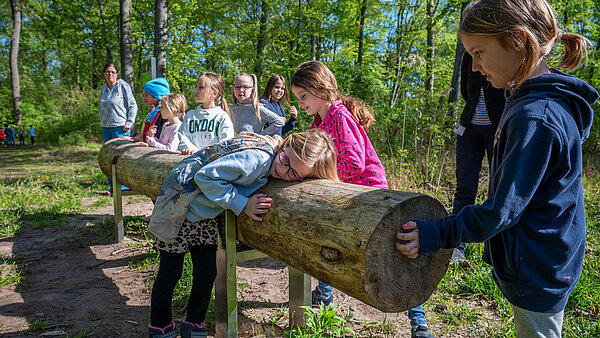Kinder spielen im Auenwald