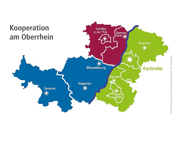 Gut vernetzt: Der Regionalverband (grün unterlegt) plant rechtsrheinisch für Städte und Gemeinden, während TechnologieRegion und Eurodistrikt PAMINA auch linksrheinisch aktiv sind.