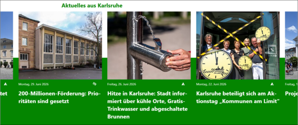 Das ist ein Bild von der Internet-Seite der Stadt Karlsruhe.  Es zeigt den Bereich: Aktuelles.