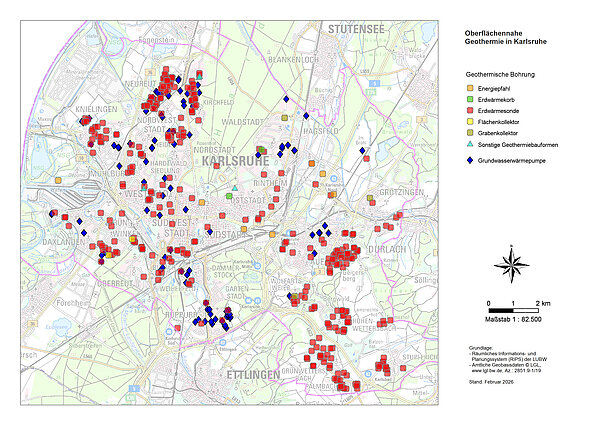 Die Karte zeigt Standorte zum Thema Geothermie in Karlsruhe für das Jahr 2026.