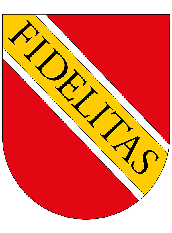 Das Karlsruher Fidelitas-Stadtwappen in farbiger Ausführung (rot-gold).