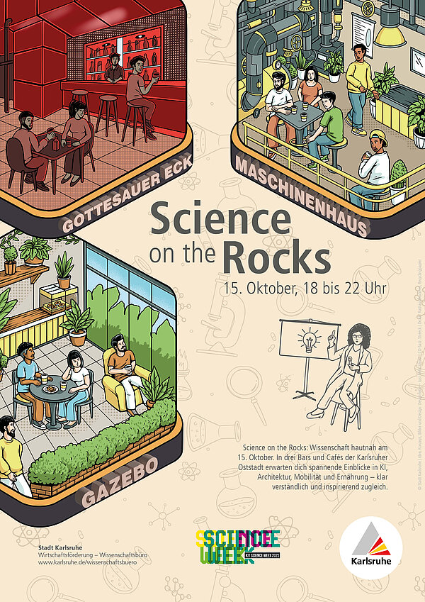Veranstaltungsplakat für "Science on the Rocks" am 15. Oktober um 18 Uhr im Gazebo und weiteren Gastronomien in Karlsruhe.