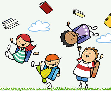 Zeichnung spielender Schulkinder mit Schulranzen und Büchern die durch die Luft schweben