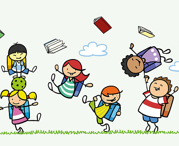 Zeichnung spielender Schulkinder mit Schulranzen und Büchern die durch die Luft schweben