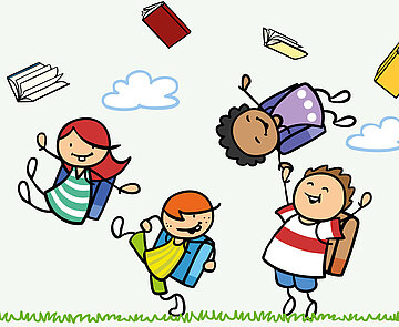 Zeichnung spielender Schulkinder mit Schulranzen und Büchern die durch die Luft schweben