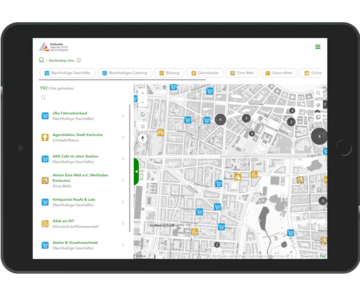 Abbildung der Benutzeroberfläche der Web App "Agenda 2030 - Nachhaltigkeit in Karlsruhe"