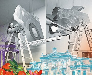 Kunst am Bau: Barbara Jäger und OMI Riesterer bei der Anbringung ihres Kunstwerks in der Jugendbibliothek im neuen Kulturzentrum "Prinz-Max-Palais", Januar 1981