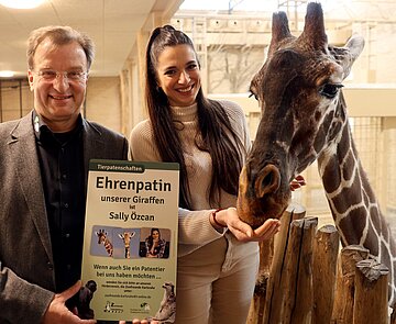 Zoodirektor Dr. Matthias Reinschmidt und Sally Özcan mit dem Ehrenpaten-Schild bei den Giraffen.