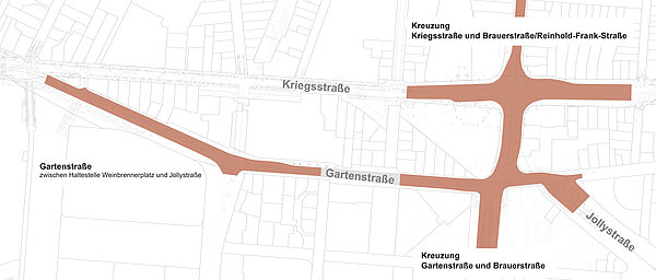 Übersicht der Baubereiche inklusive der Reinhold-Frank-Straße