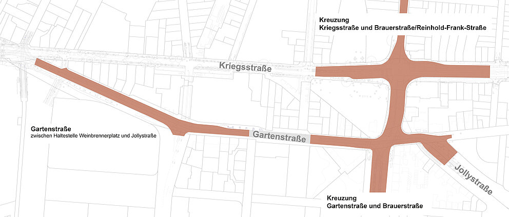 Übersicht der Baubereiche inklusive der Reinhold-Frank-Straße