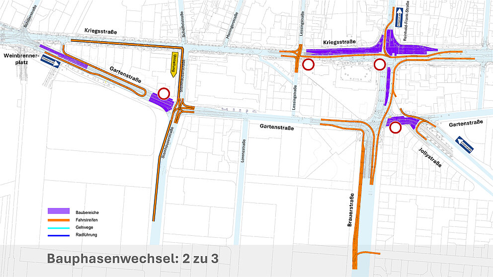 Infrastrukturprojekt Kriegsstraße - Verkehrsführung während des Bauphasenwechsels von Bauphase 2 zu 3.