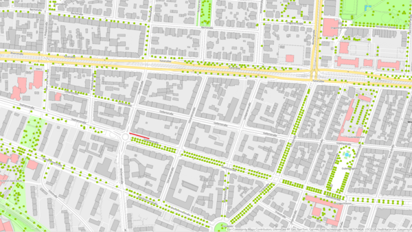 Befallskarte der Ameisenpopulation in Mühlburg, Sophienstraße zur Ecke Herderstraße hin