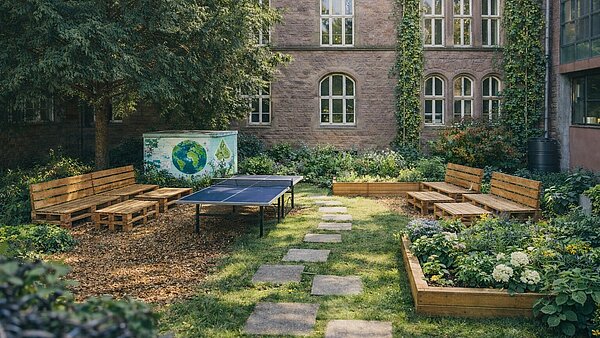 Eine Visualisierung zeigt die Pläne der Projektgruppe mit Hochbeeten und Palettenmöbeln.
