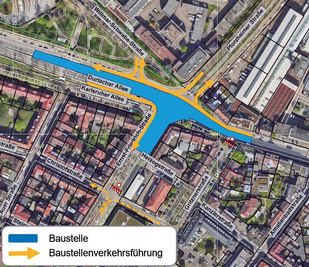 Verkehrsführung für den Straßenverkehr während der Bauarbeiten am Durlacher "Stachus"