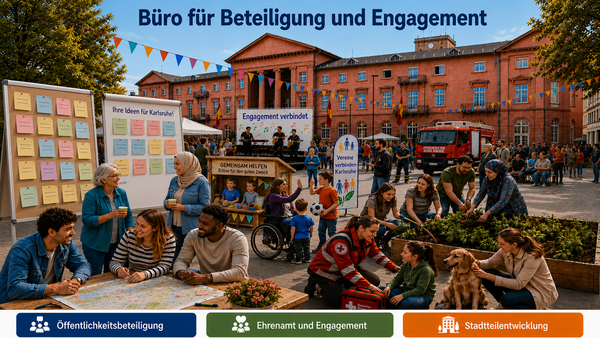KI-generiertes Symbolbild zu Büro für Beteiligung und Engagement mit Rathaus, Menschen und Säulen Öffentlichkeitsbeteiligung, Ehrenamt und Engagement sowie Stadtteilentwicklung