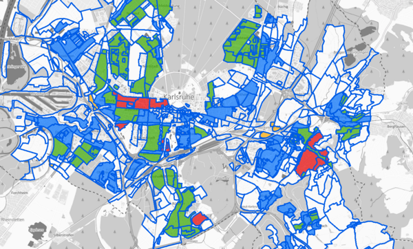 Um Bodenwerte zu bestimmen, ermittelt der Gutachterausschuss Lageklassen von Gebäuden, in der Grafik farbig dargestellt.