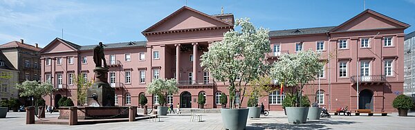 Blick aufs Rathaus mit blühenden Bäumen an einem Frühlingstag