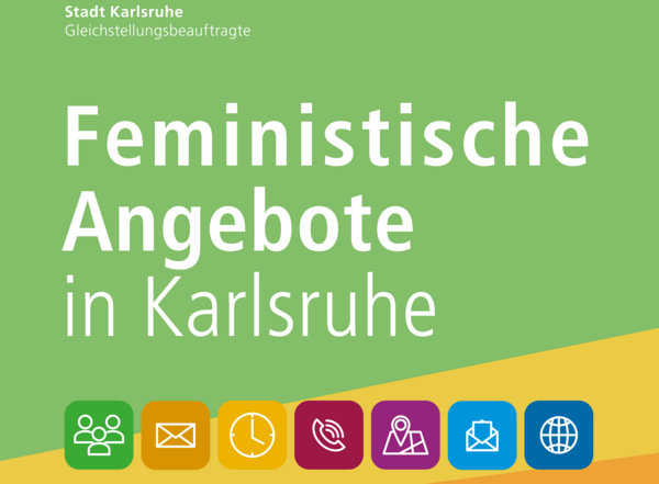 Das Bild zeigt die Grafik der Datenbank „Feministische Angebote in Karlsruhe" mit bunten Farben und dem Titel