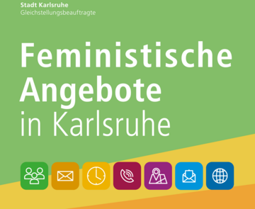 Das Bild zeigt die Grafik der Datenbank „Feministische Angebote in Karlsruhe" mit bunten Farben und dem Titel